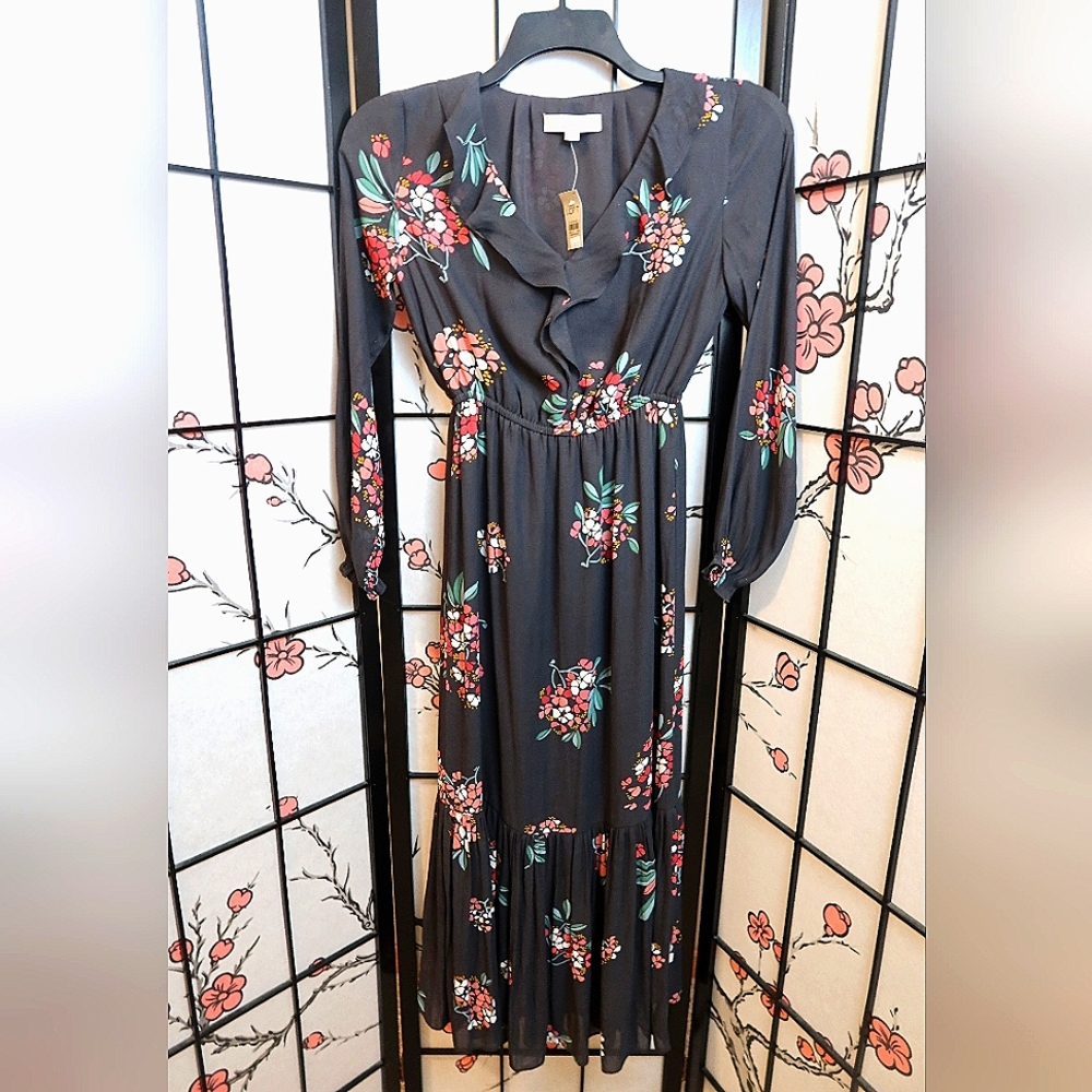 LOFT Dark Blue Grey Floral Long Sleeve Cinched Waist Midi Dress Petite XSP NWT